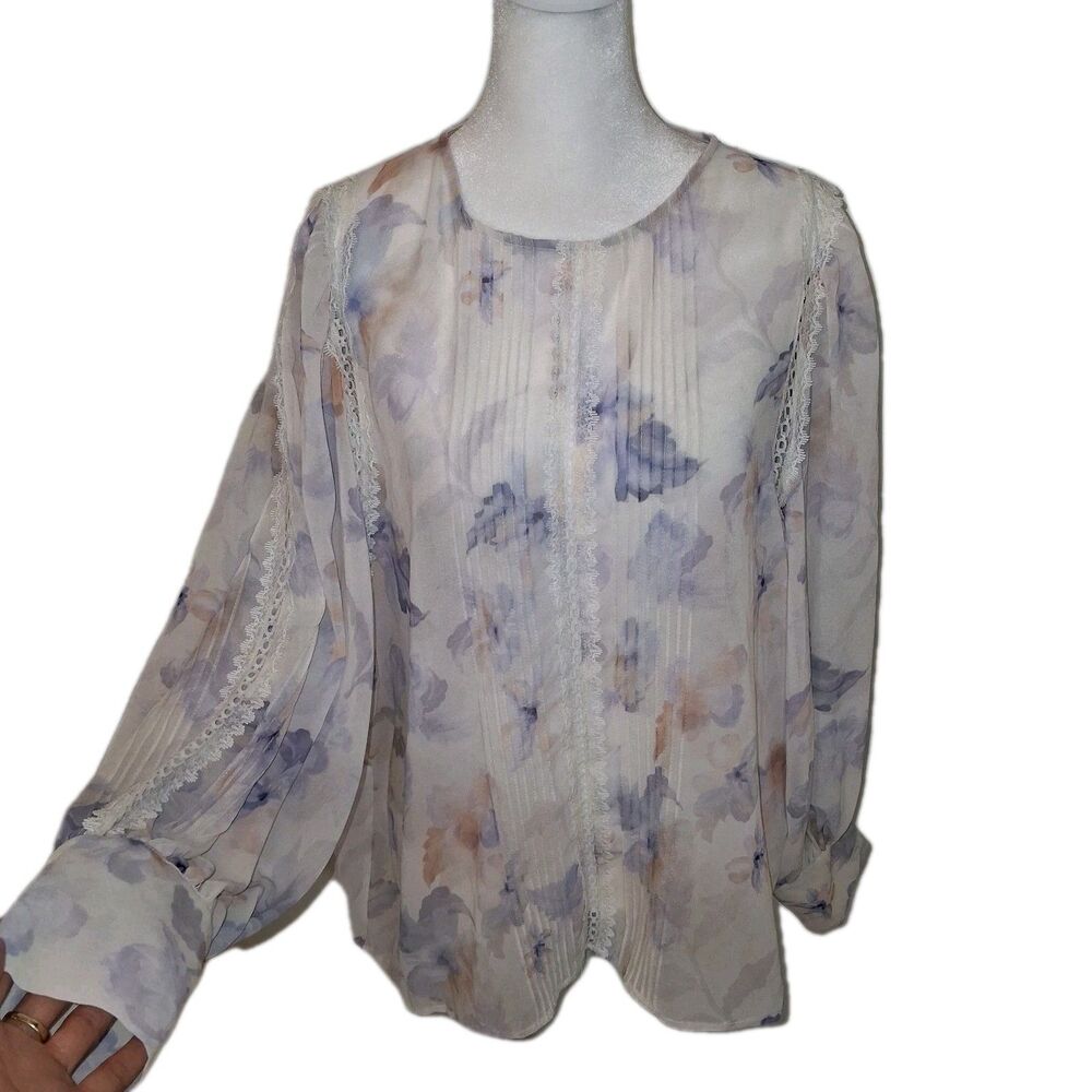 Sheer Floral Lace Blouse Sz M Ballon Sleeve Romantic Royalcore Ethereal